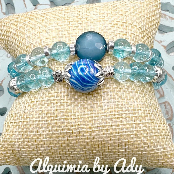 Blue Quartz beaded boho handmade bracelet/pastel/Color block/ bohemian - Picture 2 of 2